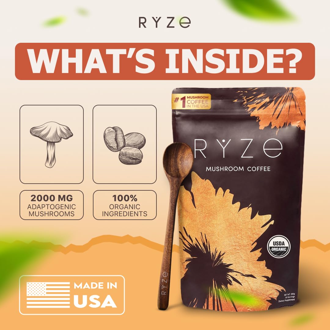 RYZE SUPERFOODS Mushroom Coffee USDA Organic with 6 Adaptogenic Mushrooms and MCT Oil, USA Grown Instant Coffee for Better Energy, Focus, Digestion, Immunity with Lions Mane & Turkey Tail, 30 servings - Fresh Hearth