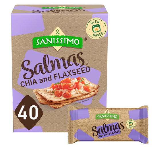Sanissimo Salmas Chia & Flaxseed, 40 Packs of 3 Crackers, Oven Baked Corn Crackers, Gluten Free, Non - GMO, Kosher Certified - Fresh Hearth