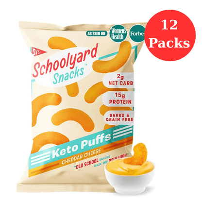 Schoolyard Keto Snacks - Cheddar Cheese - 15g Protein Puffs, Low Carb, Low Sugar - Gluten Free, Healthy & Diabetic Friendly, High Protein, Low Calorie snacks for Kids & Adults, USA Made, 12 Pack - Fresh Hearth