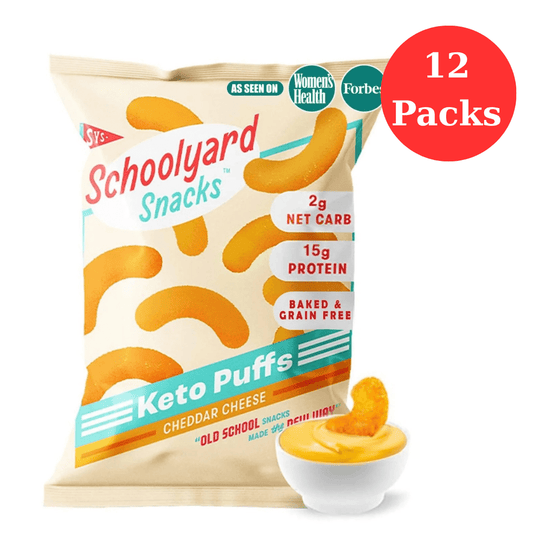 Schoolyard Keto Snacks - Cheddar Cheese - 15g Protein Puffs, Low Carb, Low Sugar - Gluten Free, Healthy & Diabetic Friendly, High Protein, Low Calorie snacks for Kids & Adults, USA Made, 12 Pack - Fresh Hearth