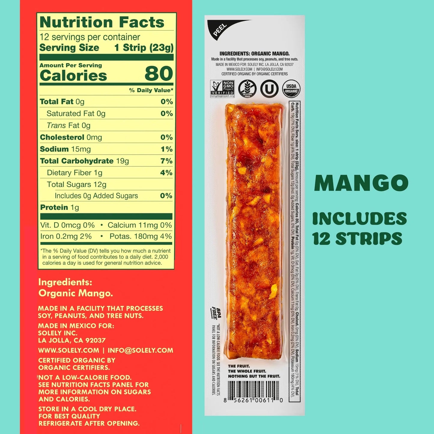 Solely - Organic Mango Fruit Jerky - 12 Individually Wrapped Fruit Strips - Fruit Leather Made from Dried Fruits - Healthy Snacks, Vegan - 0.8oz (23g) - Fresh Hearth