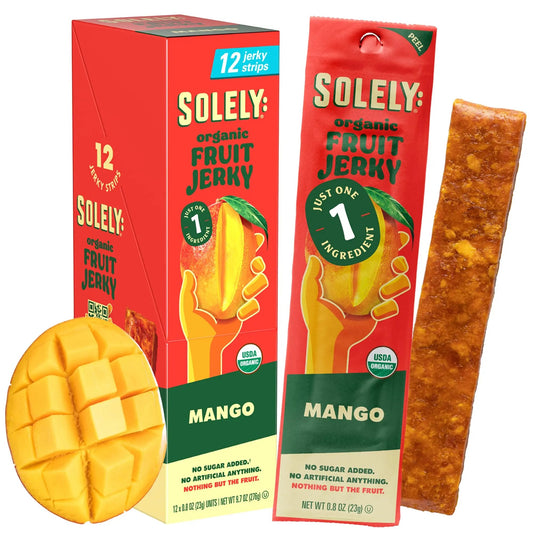 Solely - Organic Mango Fruit Jerky - 12 Individually Wrapped Fruit Strips - Fruit Leather Made from Dried Fruits - Healthy Snacks, Vegan - 0.8oz (23g) - Fresh Hearth