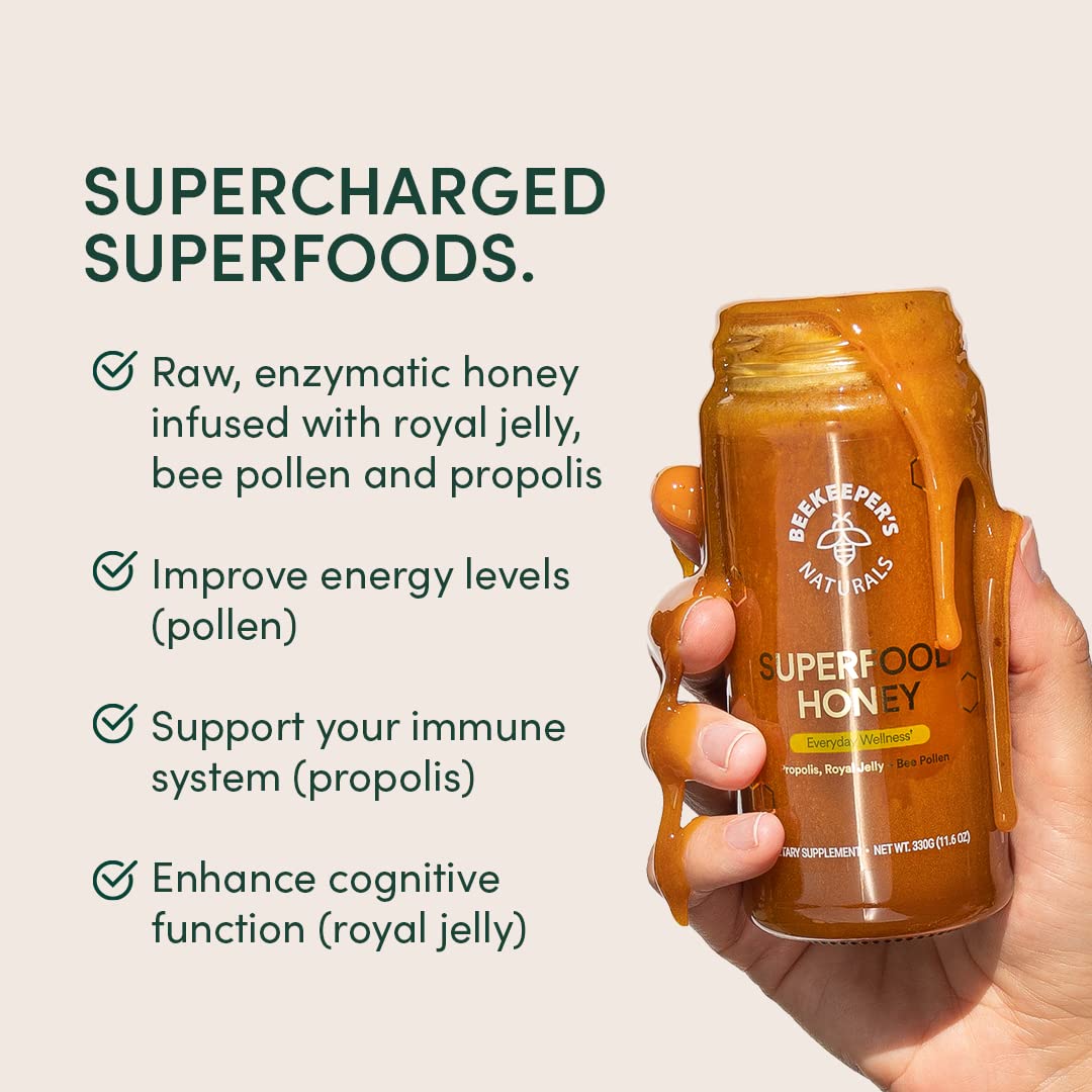 Superfood Honey by Beekeeper's Naturals - Bee Pollen, Royal Jelly, Propolis, Honey - Natural Energy, Immune Support, Mental Clarity, Athletic Performance (4.4 oz) - Fresh Hearth