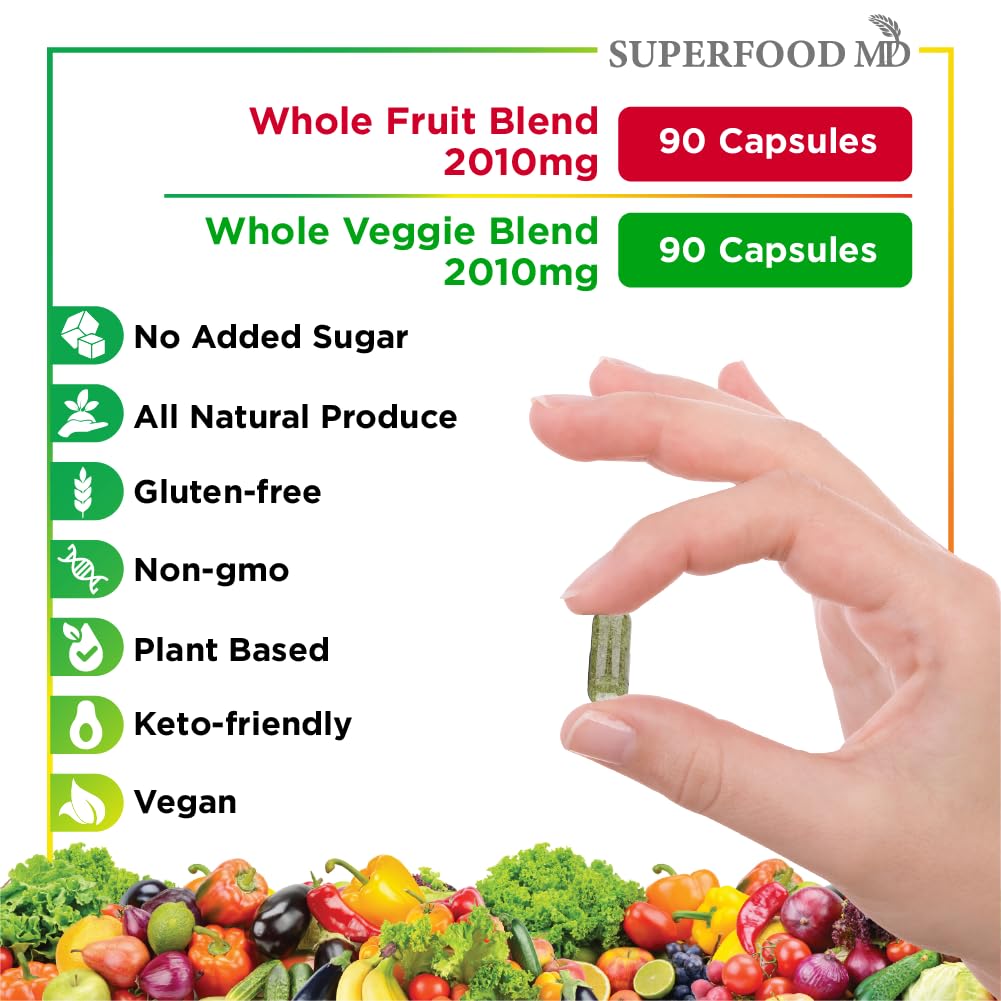 Superfood MD Fruits & Veggies Supplement - Whole Food Natural Superfoods - Supports Energy Levels, with Aloe Vera - Soy Free - 90 Count (Pack of 2) - Fresh Hearth