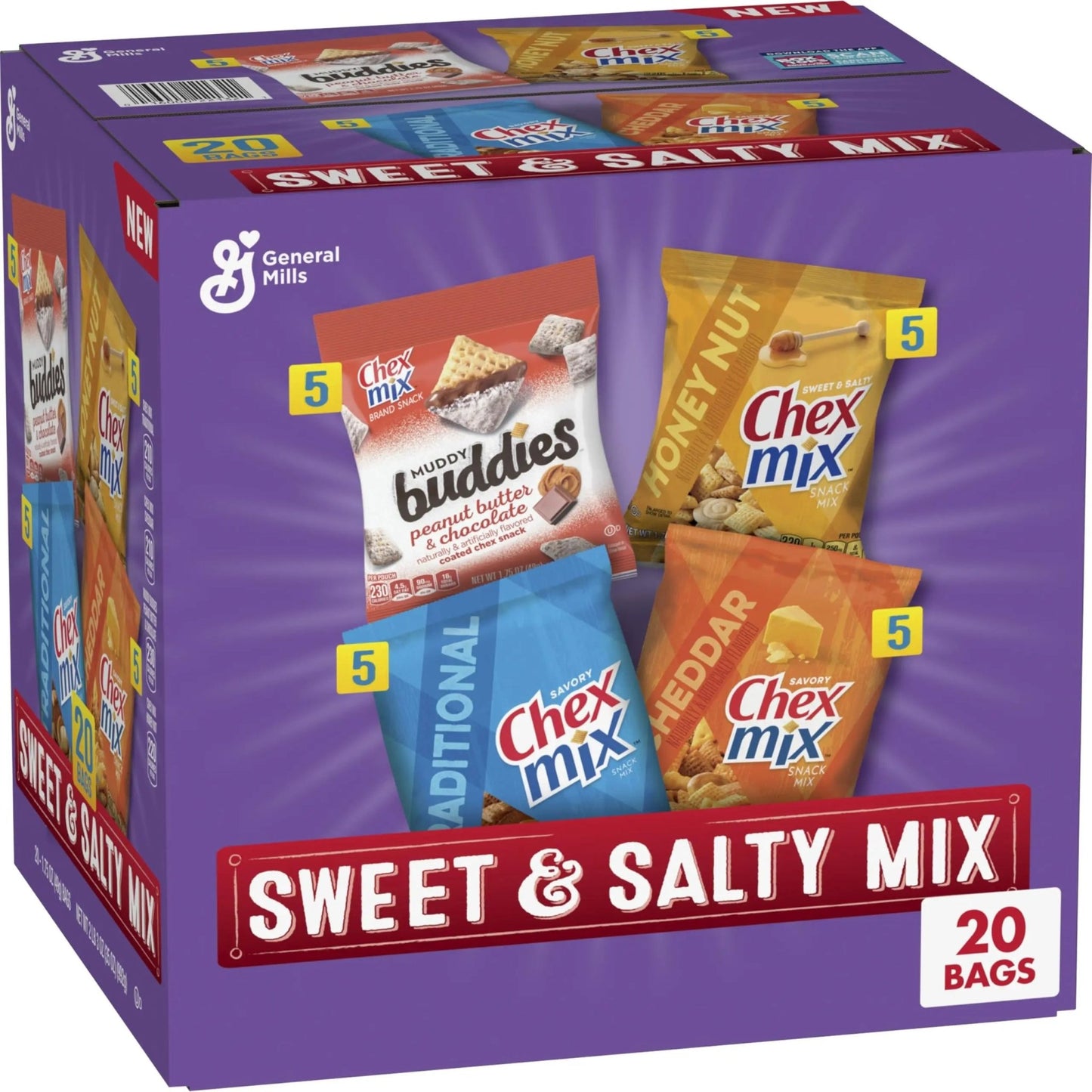 Sweet & Salty Snack Variety Pack, Muddy Buddies Peanut Butter & Chocolate, Chex Mix Traditional, Cheddar & Honey Nut, 35 oz (20 Bags) - Fresh Hearth
