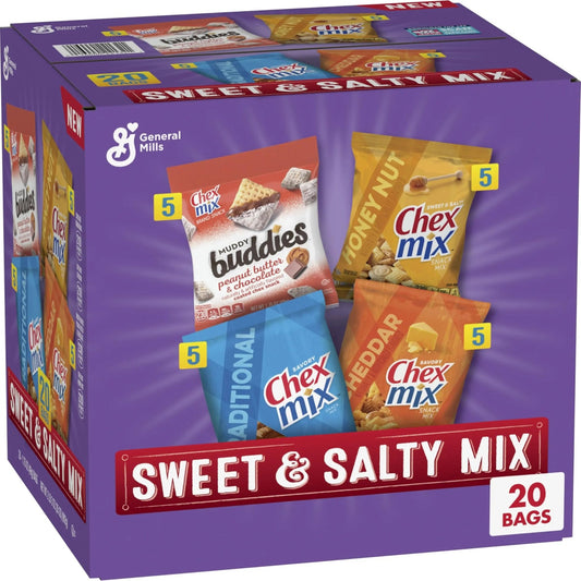 Sweet & Salty Snack Variety Pack, Muddy Buddies Peanut Butter & Chocolate, Chex Mix Traditional, Cheddar & Honey Nut, 35 oz (20 Bags) - Fresh Hearth