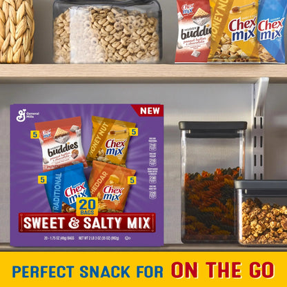 Sweet & Salty Snack Variety Pack, Muddy Buddies Peanut Butter & Chocolate, Chex Mix Traditional, Cheddar & Honey Nut, 35 oz (20 Bags) - Fresh Hearth