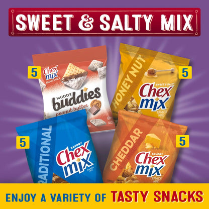 Sweet & Salty Snack Variety Pack, Muddy Buddies Peanut Butter & Chocolate, Chex Mix Traditional, Cheddar & Honey Nut, 35 oz (20 Bags) - Fresh Hearth
