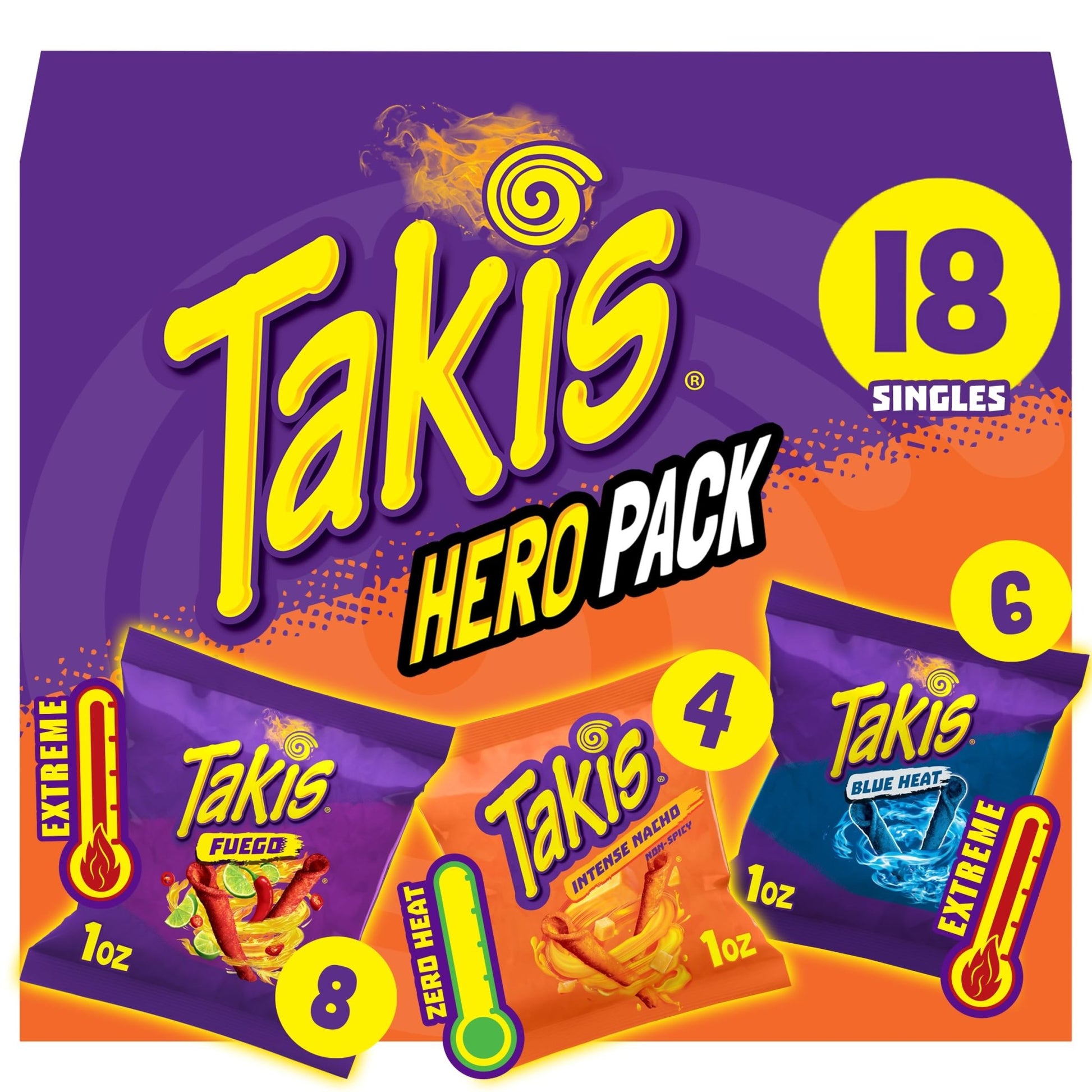 Takis 18 pc / 1 oz Hero Variety Pack, Assorted Flavored Mixed Rolled Tortilla Chips – (8) Fuego, (6) Blue Heat, (4) Intense Nacho - Fresh Hearth