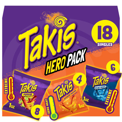Takis 18 pc / 1 oz Hero Variety Pack, Assorted Flavored Mixed Rolled Tortilla Chips – (8) Fuego, (6) Blue Heat, (4) Intense Nacho - Fresh Hearth