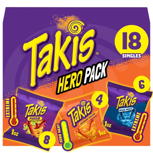 Takis 18 pc / 1 oz Hero Variety Pack, Assorted Flavored Mixed Rolled Tortilla Chips – (8) Fuego, (6) Blue Heat, (4) Intense Nacho - Fresh Hearth
