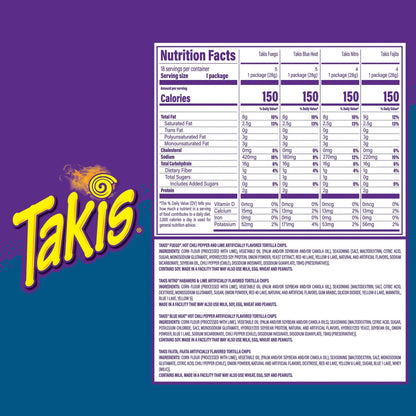 Takis 18 pc / 1 oz Variety Pack, Assorted Flavored Mixed Rolled Tortilla Chips – (5) Fuego, (5) Blue Heat, (4) Nitro, (4) Crunchy Fajitas - Fresh Hearth