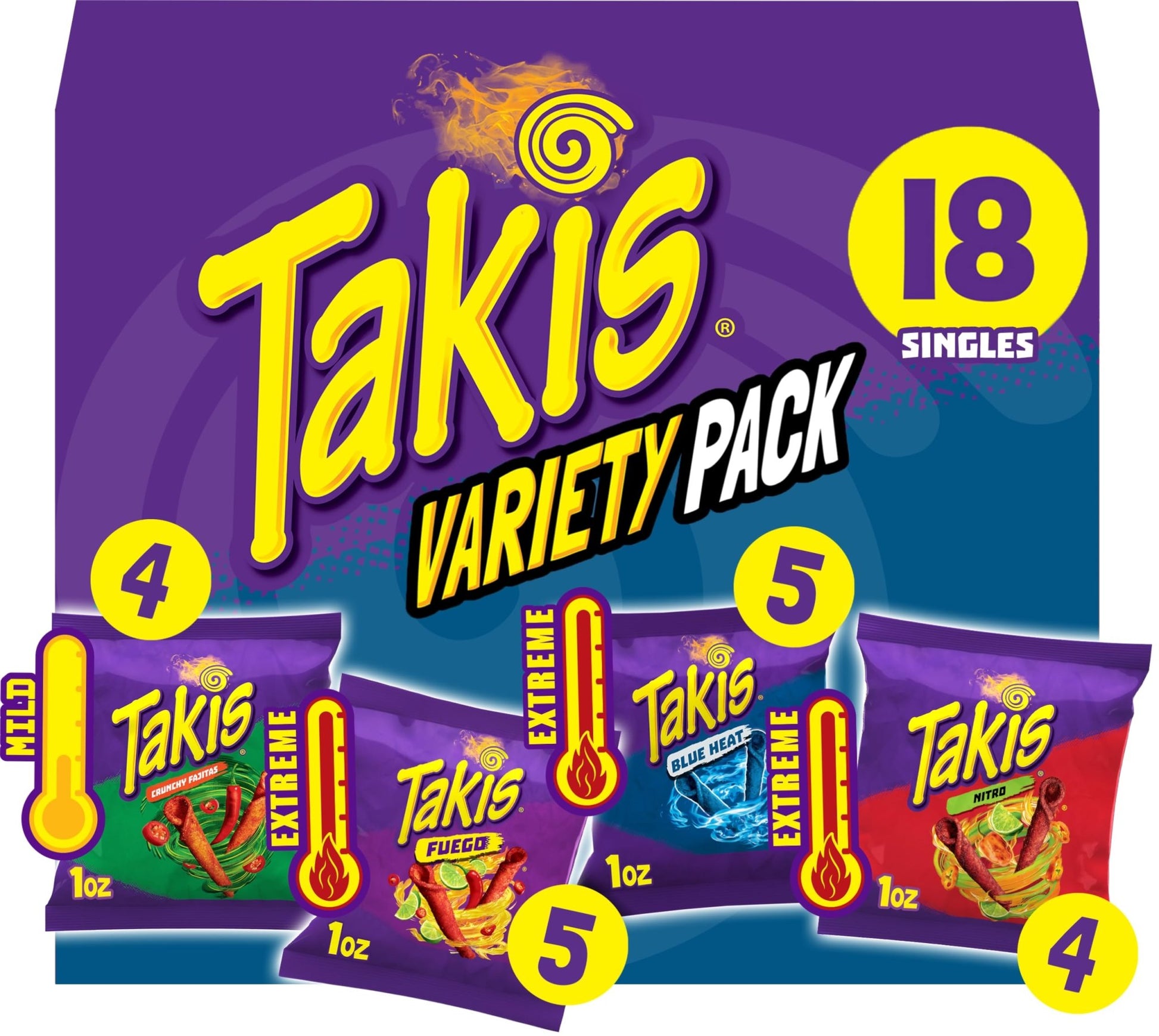 Takis 18 pc / 1 oz Variety Pack, Assorted Flavored Mixed Rolled Tortilla Chips – (5) Fuego, (5) Blue Heat, (4) Nitro, (4) Crunchy Fajitas - Fresh Hearth