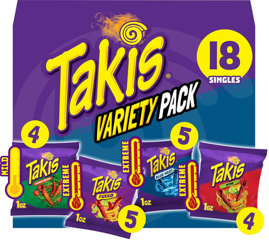 Takis 18 pc / 1 oz Variety Pack, Assorted Flavored Mixed Rolled Tortilla Chips – (5) Fuego, (5) Blue Heat, (4) Nitro, (4) Crunchy Fajitas - Fresh Hearth