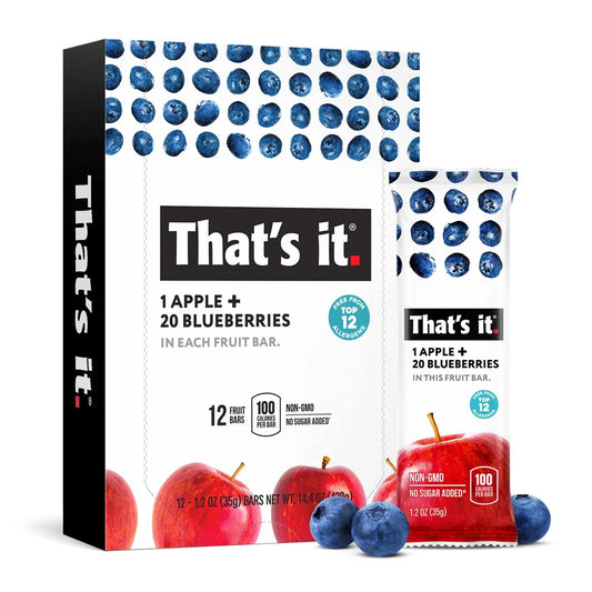 That's it. Apple + Blueberry 100% Natural Real Fruit Bar, Best High Fiber Vegan, Gluten Free Healthy Snack, Paleo for Children & Adults, Non GMO No Sugar Added, No Preservatives Energy Food (12 Pack) Apple Blueberry fruit bar - Fresh Hearth