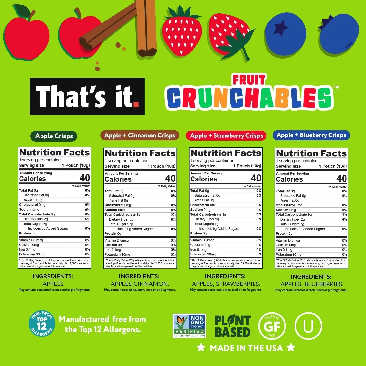 That's it. Fruit Crunchables Variety Pack, Fruit Snacks for Kids, 100% Fruit Crisps, Plant - Based, Non - GMO, Gluten - Free, No Sugar Added (16 Pack) - Fresh Hearth