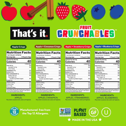 That's it. Fruit Crunchables Variety Pack, Fruit Snacks for Kids, 100% Fruit Crisps, Plant - Based, Non - GMO, Gluten - Free, No Sugar Added (16 Pack) - Fresh Hearth