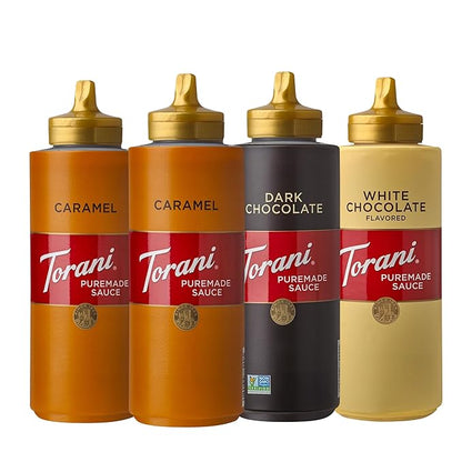 Torani Puremade Dessert & Drink Sauce Variety Pack, Chocolate Caramel, Dark Chocolate, White Chocolate & Caramel, 16.5 fl oz (Set of 4) - Fresh Hearth