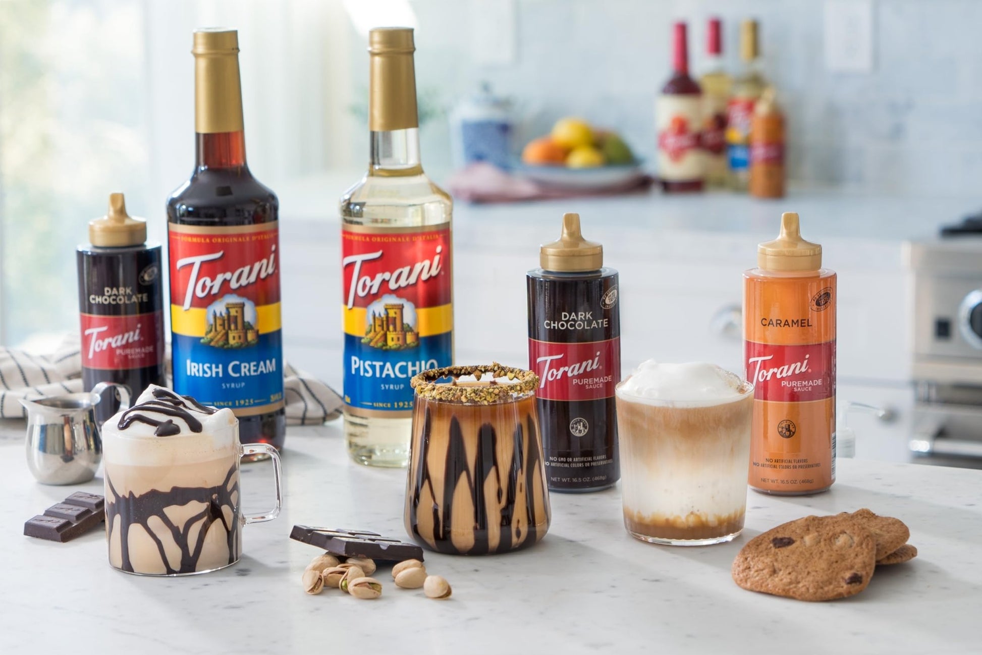 Torani Puremade Dessert & Drink Sauce Variety Pack, Chocolate Caramel, Dark Chocolate, White Chocolate & Caramel, 16.5 fl oz (Set of 4) - Fresh Hearth