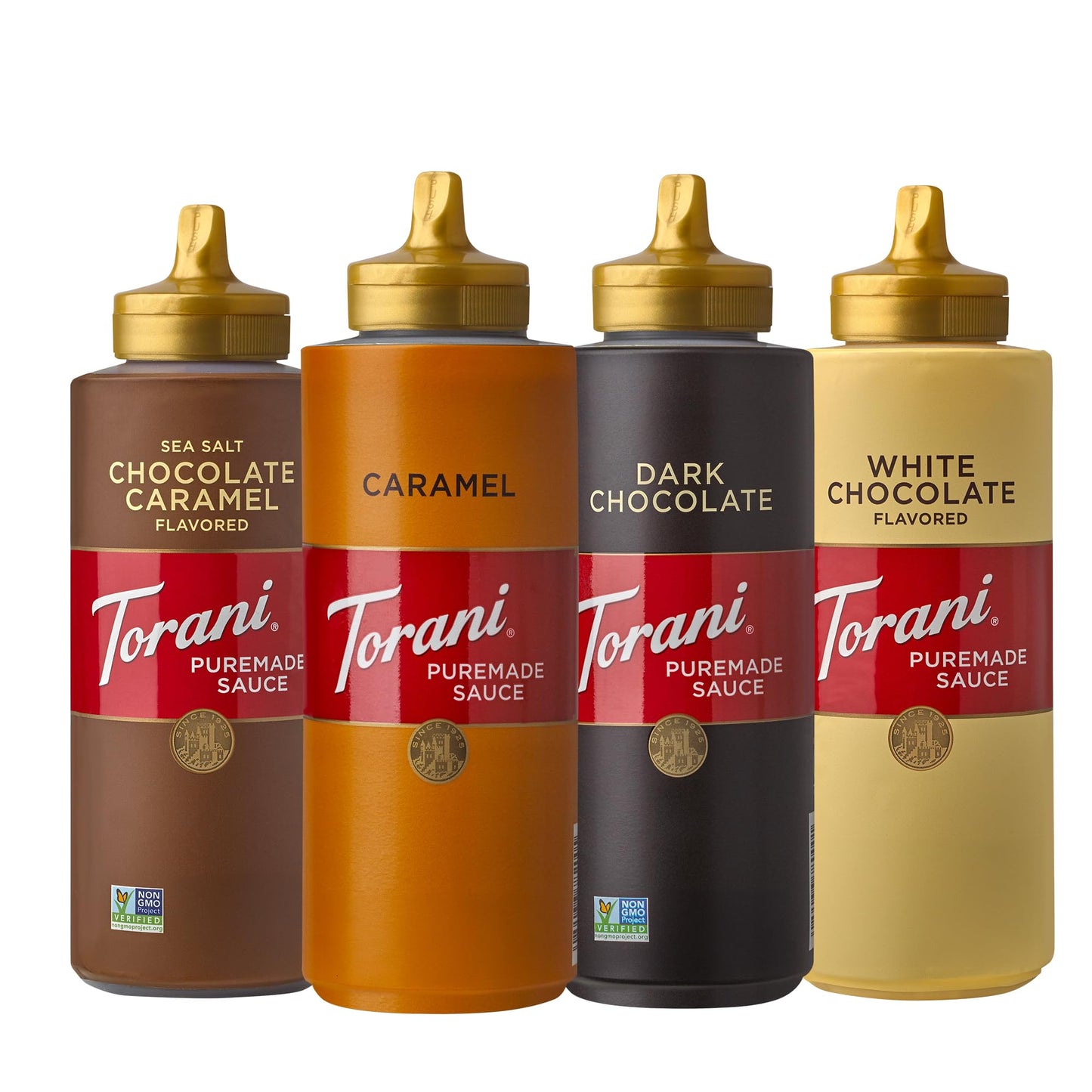 Torani Puremade Dessert & Drink Sauce Variety Pack, Chocolate Caramel, Dark Chocolate, White Chocolate & Caramel, 16.5 fl oz (Set of 4) - Fresh Hearth
