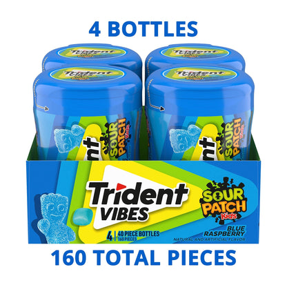 Trident Vibes SOUR PATCH KIDS Blue Raspberry Sugar - Free Chewing Gum, 4 Bottles of 40 Pieces (160 Total Pieces) - Fresh Hearth