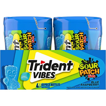 Trident Vibes SOUR PATCH KIDS Blue Raspberry Sugar - Free Chewing Gum, 4 Bottles of 40 Pieces (160 Total Pieces) - Fresh Hearth