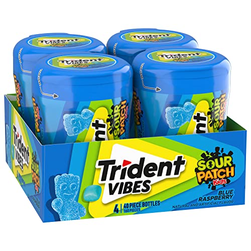 Trident Vibes SOUR PATCH KIDS Blue Raspberry Sugar - Free Chewing Gum, 4 Bottles of 40 Pieces (160 Total Pieces) - Fresh Hearth
