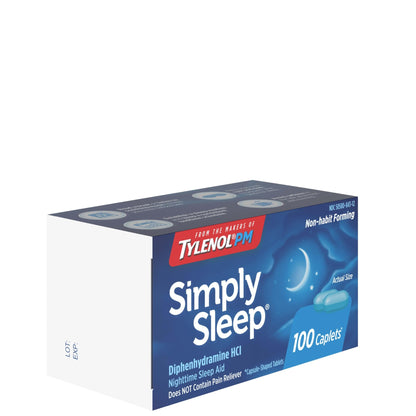 Tylenol Simply Sleep Nighttime Sleep Aid Caplets, 25 mg Diphenhydramine HCl, Non - Habit Forming Sleep Aid for Adults, 100 Count - Fresh Hearth