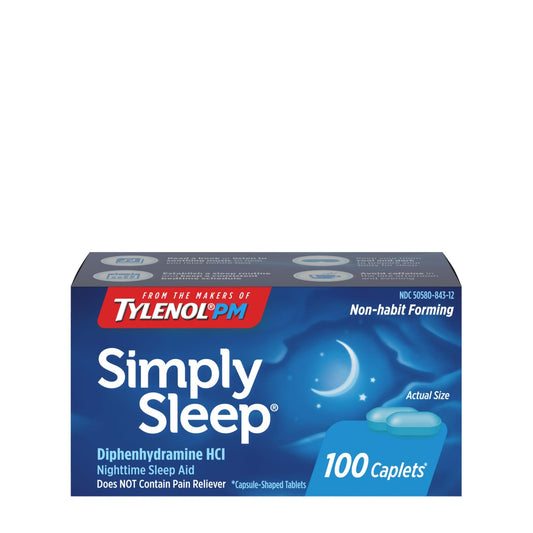 Tylenol Simply Sleep Nighttime Sleep Aid Caplets, 25 mg Diphenhydramine HCl, Non - Habit Forming Sleep Aid for Adults, 100 Count - Fresh Hearth