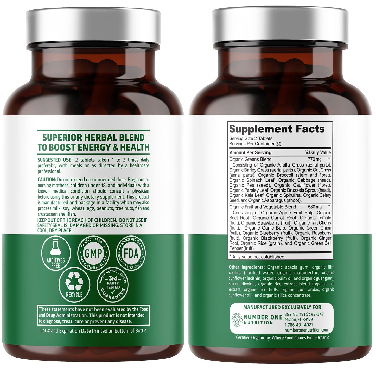 USDA Organic Superfood Greens [28 Powerful Ingredients] Natural Super Greens Capsules, Fruit and Veggie Supplement with Alfalfa, Beet Root and Ginger to Support Energy and Immunity, 60 Tablets - Fresh Hearth