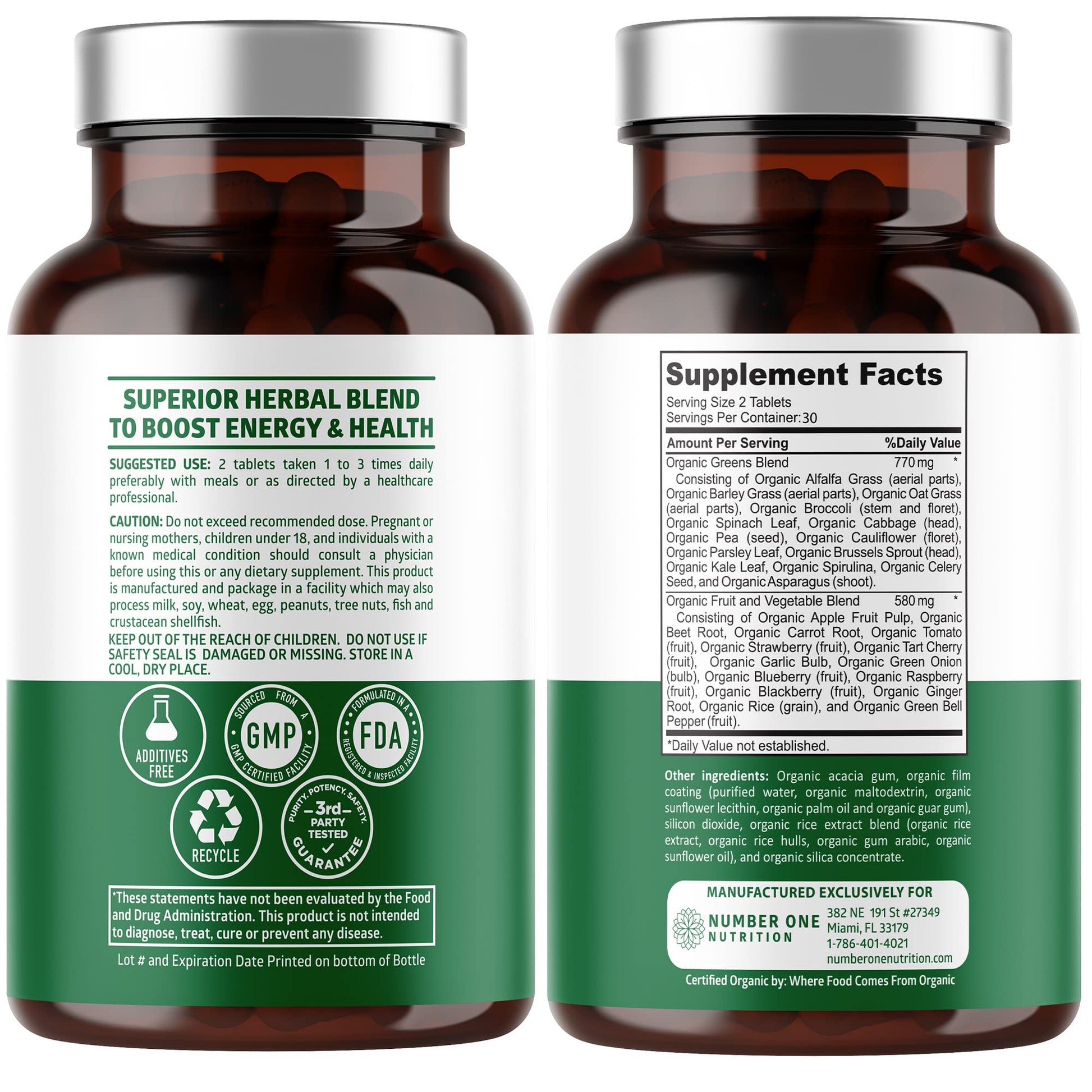 USDA Organic Superfood Greens [28 Powerful Ingredients] Natural Super Greens Capsules, Fruit and Veggie Supplement with Alfalfa, Beet Root and Ginger to Support Energy and Immunity, 60 Tablets - Fresh Hearth