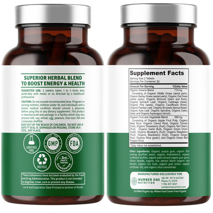 USDA Organic Superfood Greens [28 Powerful Ingredients] Natural Super Greens Capsules, Fruit and Veggie Supplement with Alfalfa, Beet Root and Ginger to Support Energy and Immunity, 60 Tablets - Fresh Hearth