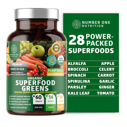 USDA Organic Superfood Greens [28 Powerful Ingredients] Natural Super Greens Capsules, Fruit and Veggie Supplement with Alfalfa, Beet Root and Ginger to Support Energy and Immunity, 60 Tablets - Fresh Hearth