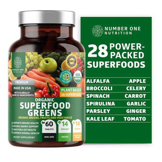 USDA Organic Superfood Greens [28 Powerful Ingredients] Natural Super Greens Capsules, Fruit and Veggie Supplement with Alfalfa, Beet Root and Ginger to Support Energy and Immunity, 60 Tablets - Fresh Hearth