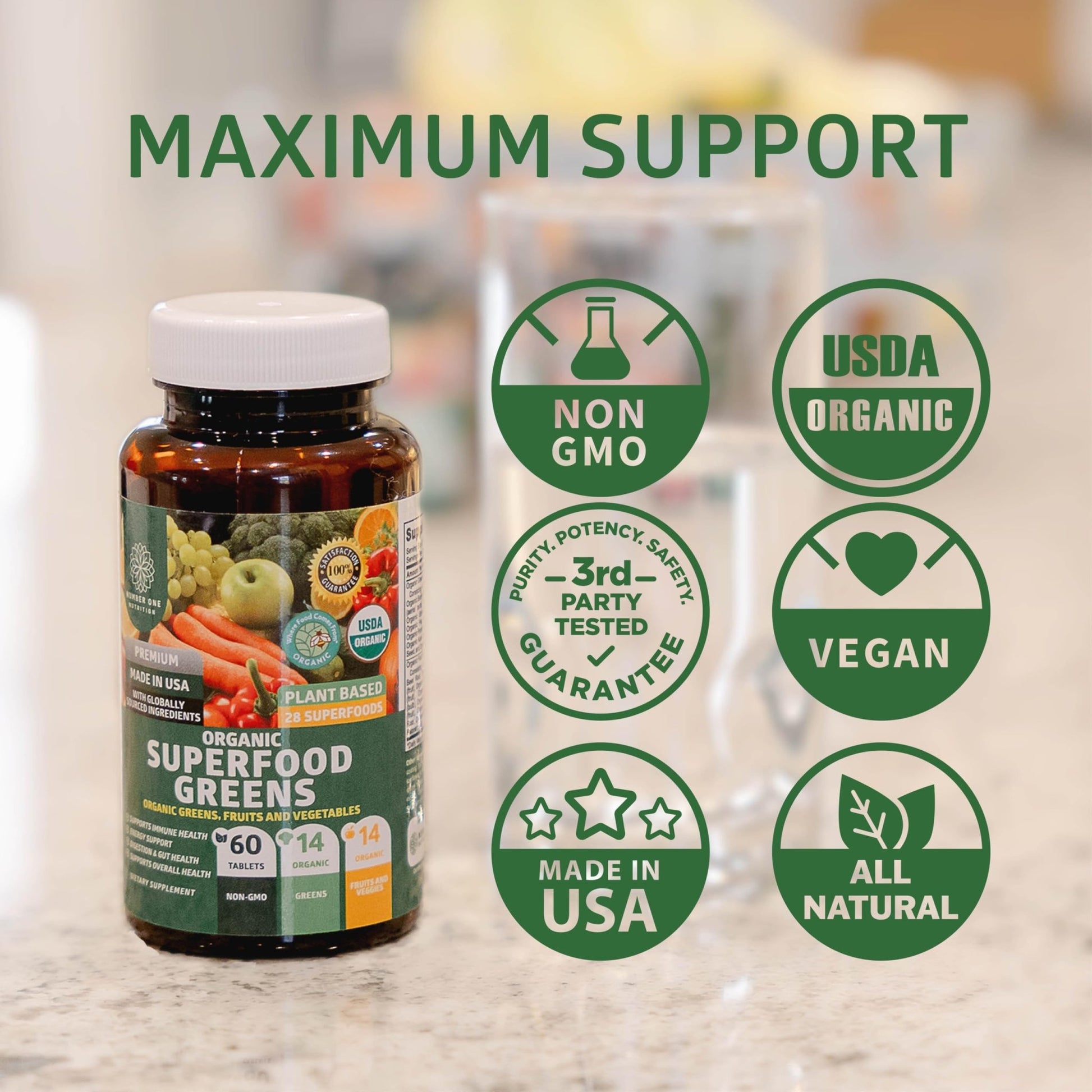 USDA Organic Superfood Greens [28 Powerful Ingredients] Natural Super Greens Capsules, Fruit and Veggie Supplement with Alfalfa, Beet Root and Ginger to Support Energy and Immunity, 60 Tablets - Fresh Hearth