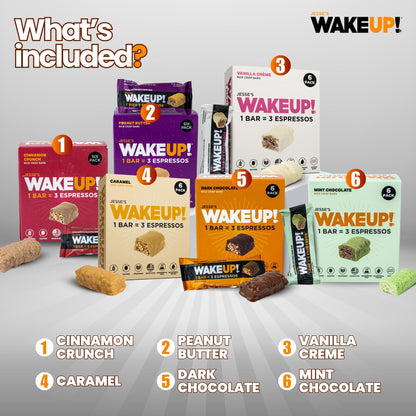 WAKE UP! Caffeinated Protein Bars – VARIETY PACK - 6 Flavors (Chocolate, Caramel, Mint Chocolate, Vanilla Creme, Cinnamon Crunch, Peanut Butter) – Proprietary Blend with 350mg Caffeine (1 Bar = 3 Espressos) – Gluten - Free, Vegetarian, Kosher – Boosts Focus - Fresh Hearth
