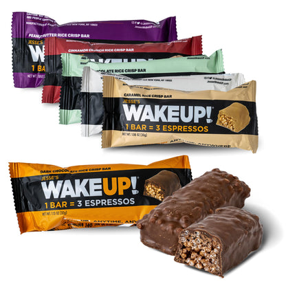 WAKE UP! Caffeinated Protein Bars – VARIETY PACK - 6 Flavors (Chocolate, Caramel, Mint Chocolate, Vanilla Creme, Cinnamon Crunch, Peanut Butter) – Proprietary Blend with 350mg Caffeine (1 Bar = 3 Espressos) – Gluten - Free, Vegetarian, Kosher – Boosts Focus - Fresh Hearth