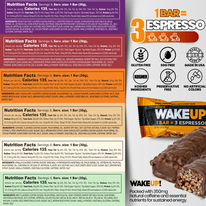 WAKE UP! Caffeinated Protein Bars – VARIETY PACK - 6 Flavors (Chocolate, Caramel, Mint Chocolate, Vanilla Creme, Cinnamon Crunch, Peanut Butter) – Proprietary Blend with 350mg Caffeine (1 Bar = 3 Espressos) – Gluten - Free, Vegetarian, Kosher – Boosts Focus - Fresh Hearth
