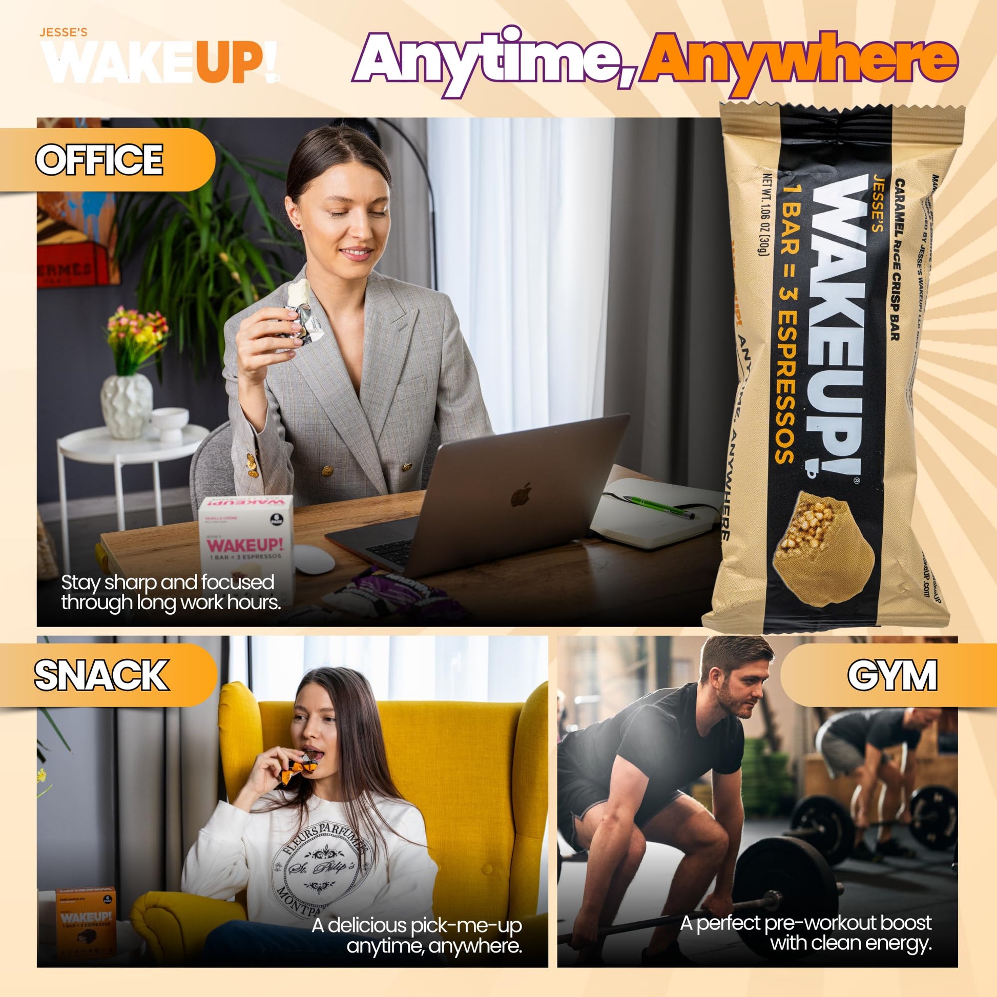 WAKE UP! Caramel Caffeinated Protein Bars – Proprietary Blend with 350mg Natural Caffeine (1 Bar = 3 Espressos) – Gluten - Free, Vegetarian, Kosher – Energy Snack for Focus & Clarity – 6 Pack - Fresh Hearth