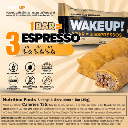WAKE UP! Caramel Caffeinated Protein Bars – Proprietary Blend with 350mg Natural Caffeine (1 Bar = 3 Espressos) – Gluten - Free, Vegetarian, Kosher – Energy Snack for Focus & Clarity – 6 Pack - Fresh Hearth