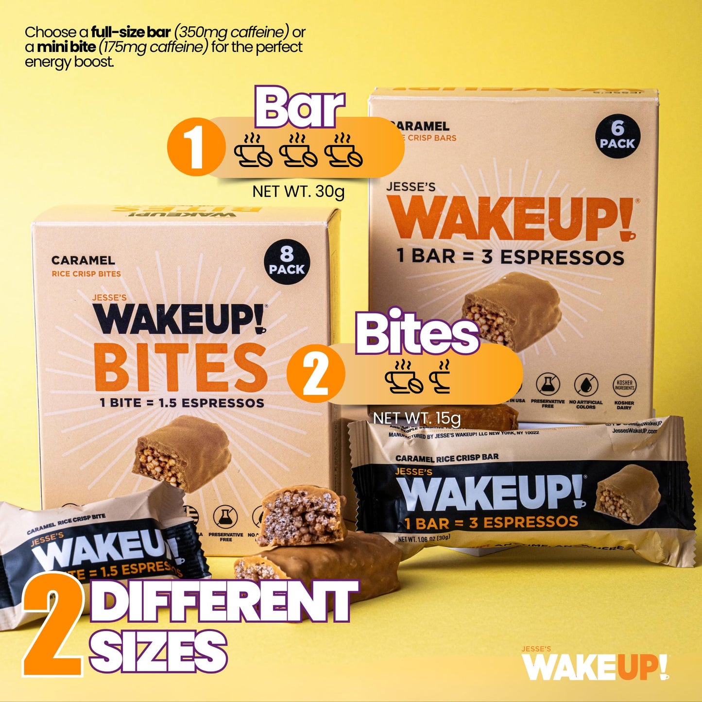 WAKE UP! Caramel Caffeinated Protein Bars – Proprietary Blend with 350mg Natural Caffeine (1 Bar = 3 Espressos) – Gluten - Free, Vegetarian, Kosher – Energy Snack for Focus & Clarity – 6 Pack - Fresh Hearth