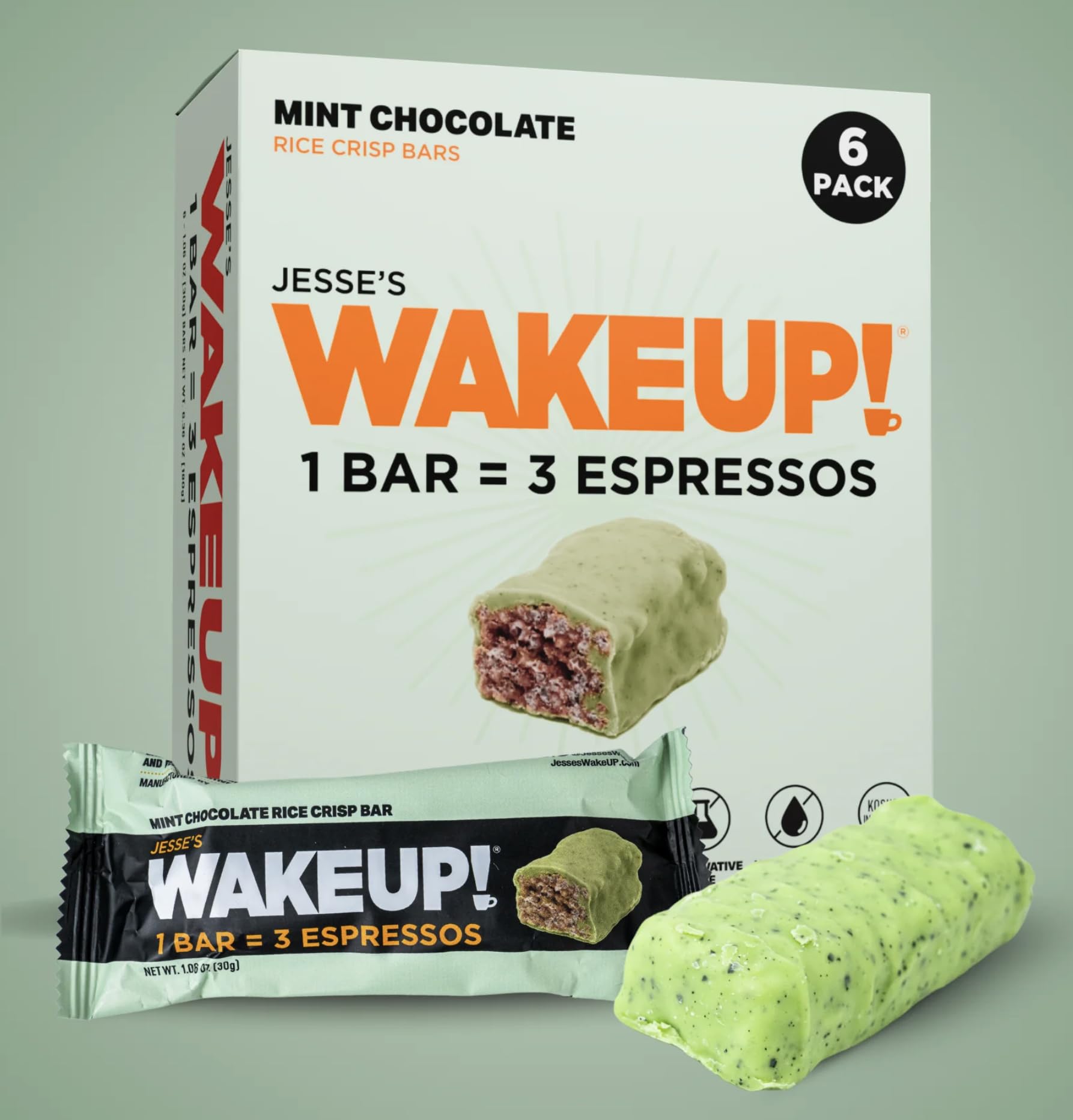 WAKE UP! Mint Chocolate Caffeinated Protein Bars – Proprietary Blend with 350mg Natural Caffeine (1 Bar = 3 Espressos) – Gluten - Free, Vegetarian, Kosher – Energy Snack for Focus & Clarity – 6 Pack - Fresh Hearth