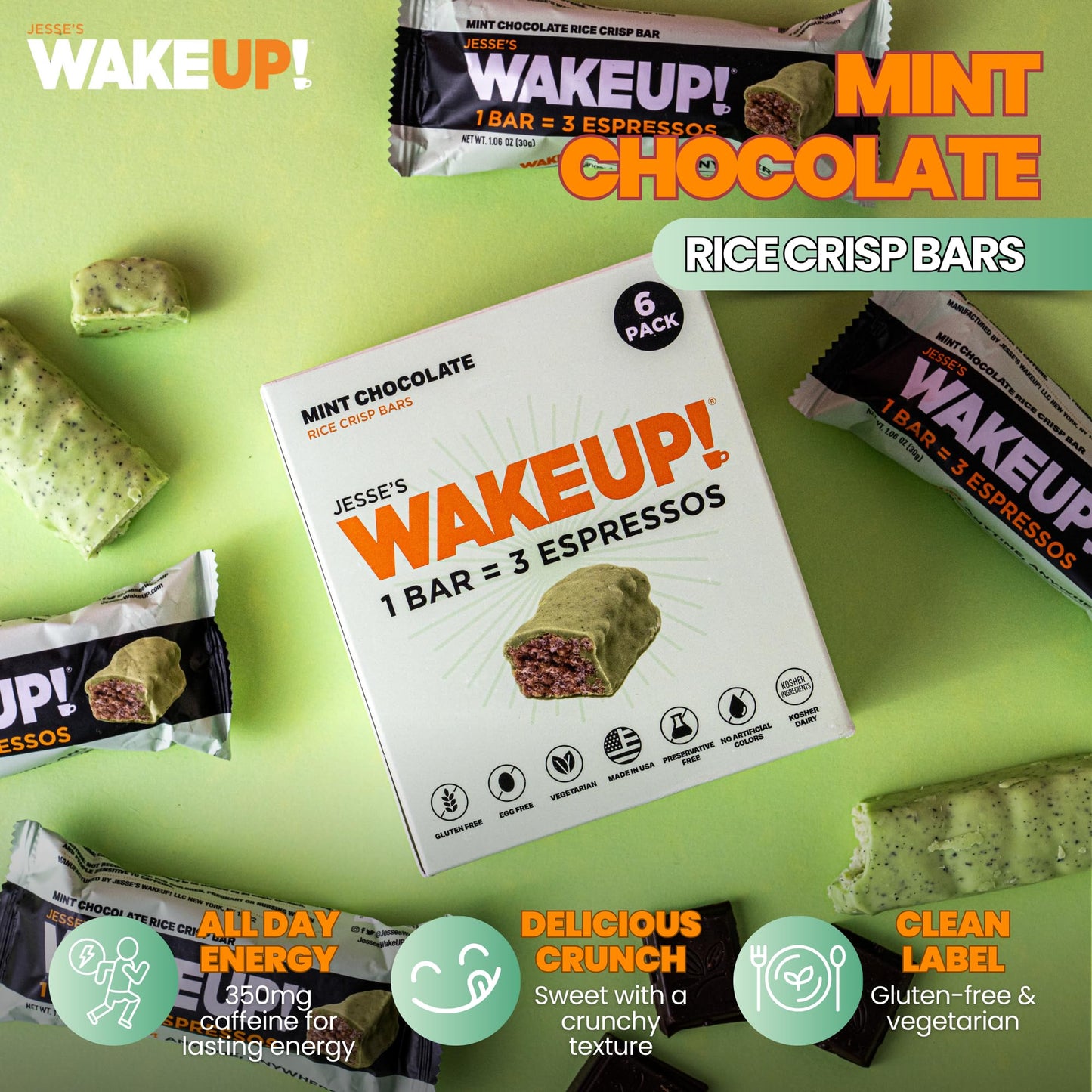 WAKE UP! Mint Chocolate Caffeinated Protein Bars – Proprietary Blend with 350mg Natural Caffeine (1 Bar = 3 Espressos) – Gluten - Free, Vegetarian, Kosher – Energy Snack for Focus & Clarity – 6 Pack - Fresh Hearth