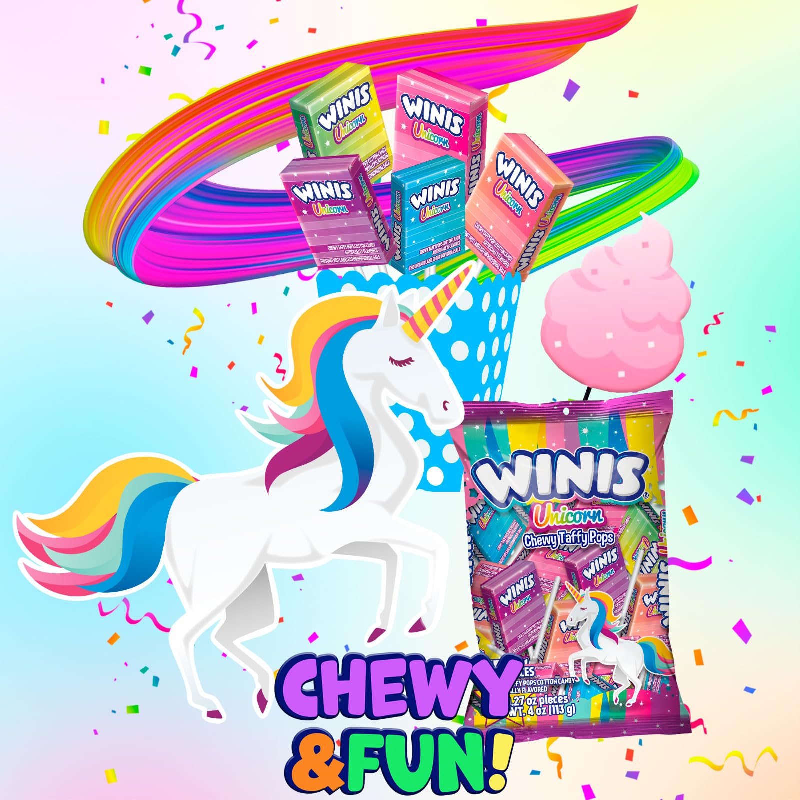 Winis Unicorn | Chewy Taffy Pops | Cotton Candy Flavored | Sharing Size 4.3 Oz Bag - 15 Pieces - 2 packs | Gifts, Holiday, Parties, Concessions, Pantry, Non - Melting, Party - Fresh Hearth