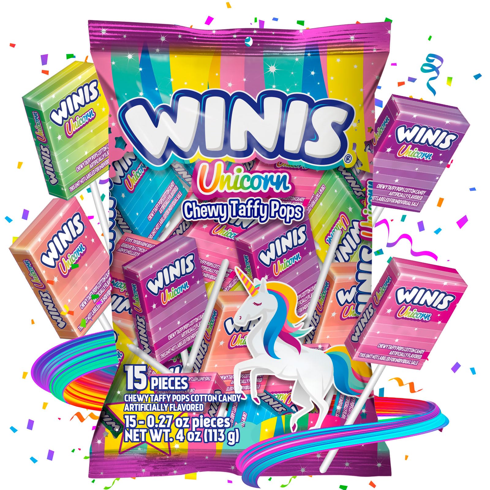 Winis Unicorn | Chewy Taffy Pops | Cotton Candy Flavored | Sharing Size 4.3 Oz Bag - 15 Pieces - 2 packs | Gifts, Holiday, Parties, Concessions, Pantry, Non - Melting, Party - Fresh Hearth