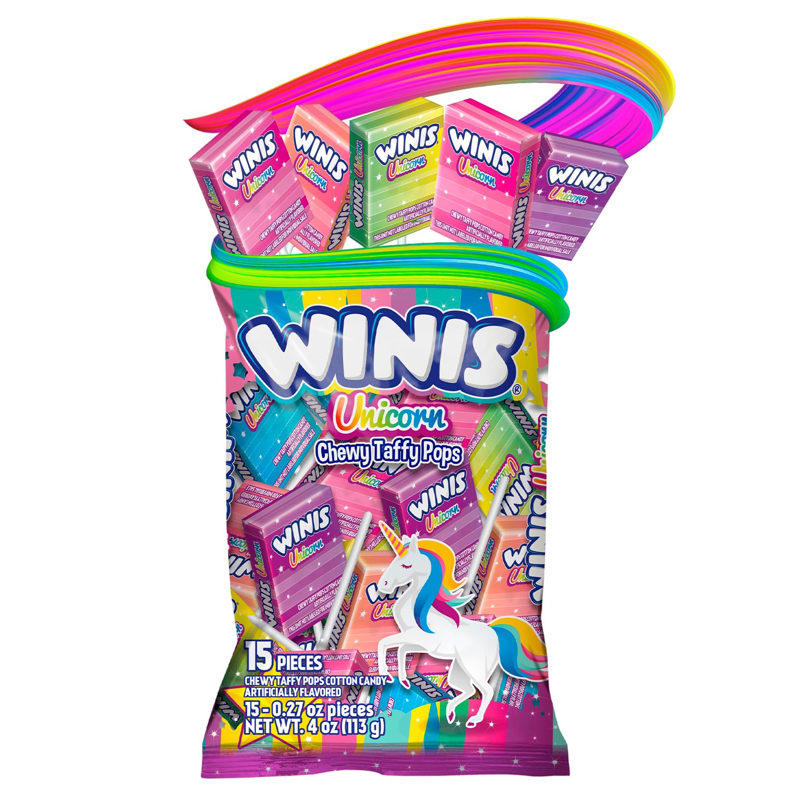 Winis Unicorn | Chewy Taffy Pops | Cotton Candy Flavored | Sharing Size 4.3 Oz Bag - 15 Pieces - 2 packs | Gifts, Holiday, Parties, Concessions, Pantry, Non - Melting, Party - Fresh Hearth