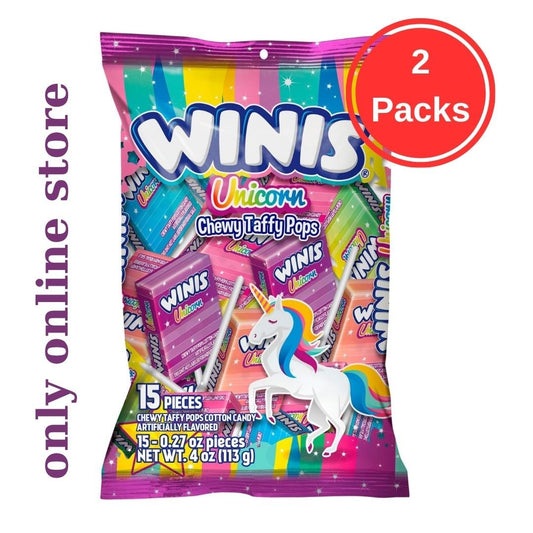 Winis Unicorn | Chewy Taffy Pops | Cotton Candy Flavored | Sharing Size 4.3 Oz Bag - 15 Pieces - 2 packs | Gifts, Holiday, Parties, Concessions, Pantry, Non - Melting, Party - Fresh Hearth
