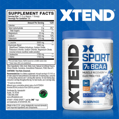 XTEND Sport BCAA Powder Blue Raspberry Ice - Electrolyte Powder for Recovery & Hydration with Amino Acids - 30 Servings - Fresh Hearth