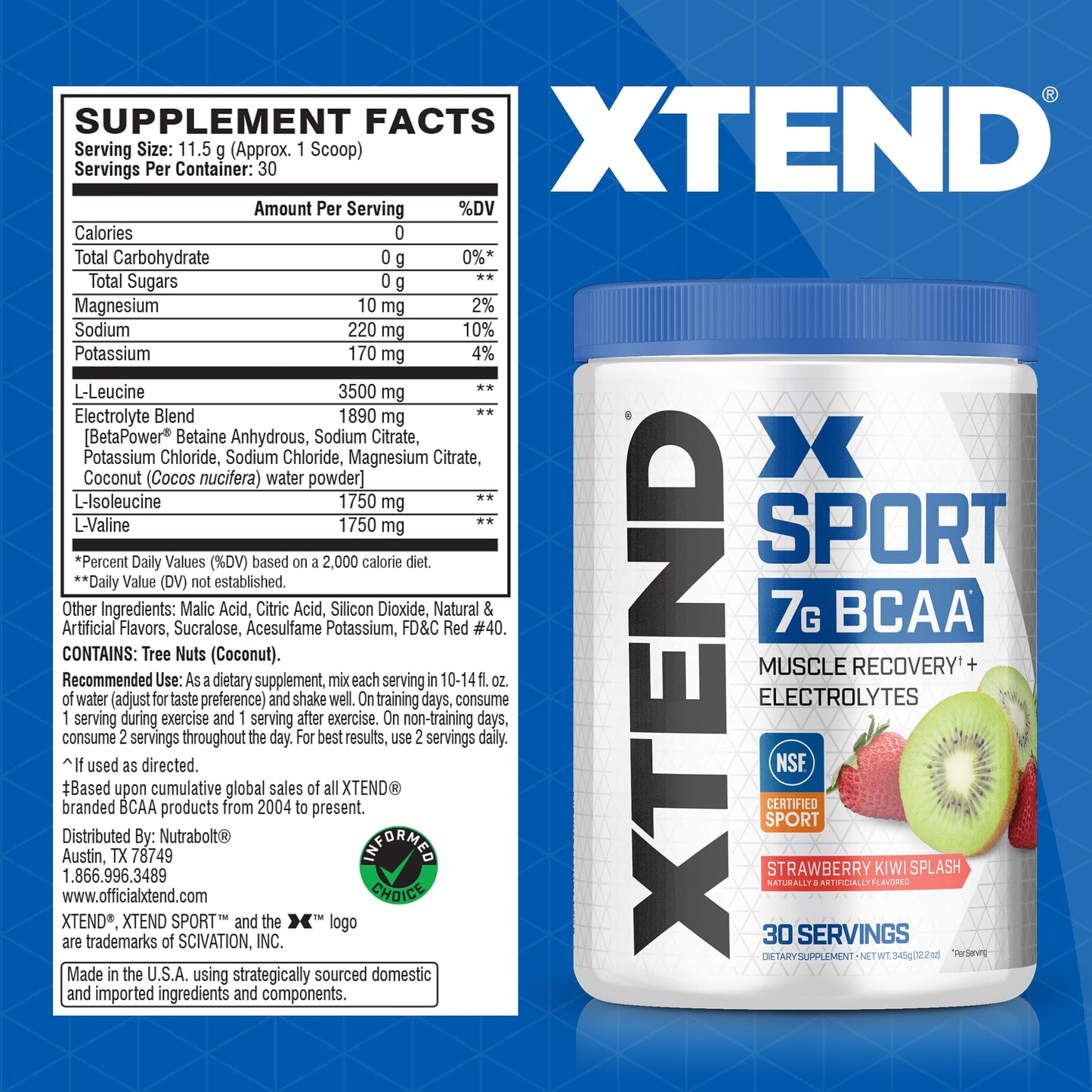 XTEND Sport BCAA Powder Strawberry Kiwi Splash - Electrolyte Powder for Recovery & Hydration with Amino Acids - 30 Servings - Fresh Hearth
