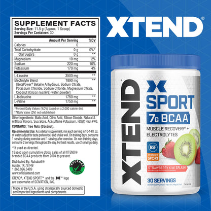 XTEND Sport BCAA Powder Strawberry Kiwi Splash - Electrolyte Powder for Recovery & Hydration with Amino Acids - 30 Servings - Fresh Hearth